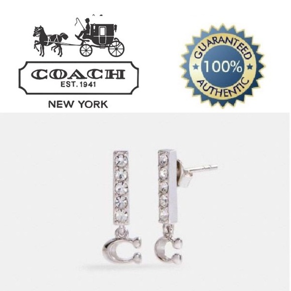 🌟♥️ COACH Signature Pave Bar Stud Earrings Silvertone♥️🌟LIKE NEW - Picture 3 of 8
